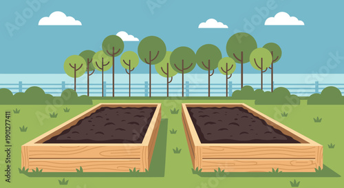 Two wooden raised garden beds, rectangular and sturdy, are filled with rich soil on a vibrant green lawn with trees and a blue sky.