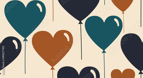 Many colorful heart shaped balloons ascend gracefully together against a soft beige background, creating a whimsical and loving decorative design.