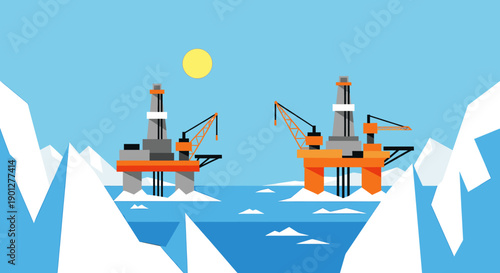 Two offshore oil drilling platforms operate in the icy Arctic waters, representing resource extraction in a challenging environment.