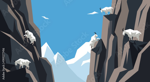 Mountain goats skillfully navigate steep rocky cliffs in a striking minimalist illustration with a clear blue sky and distant snow-capped mountains.