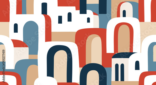 Abstract architectural pattern featuring stylized buildings and arches in a seamless design, rendered with a modern Mediterranean color palette.