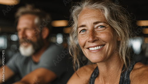 Wallpaper Mural Mature couple trains in fitness center. Smiling woman and man perform cardio workout on a modern exercise bike. Active seniors lead healthy lifestyle do sport in the gym. Torontodigital.ca