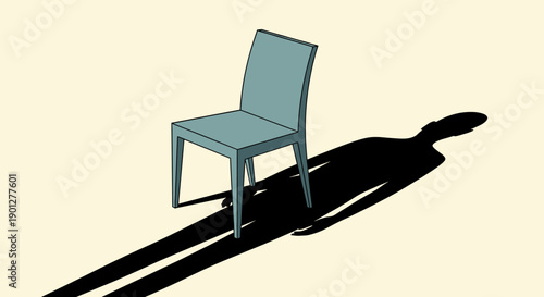 Empty chair casts a long human shadow on a light cream background, conveying feelings of absence, loss, and solitude in a minimalist illustration.