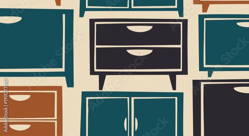 Abstract furniture pieces pattern with various drawers and cabinets arranged in a seamless, retro-inspired design on a light beige background.