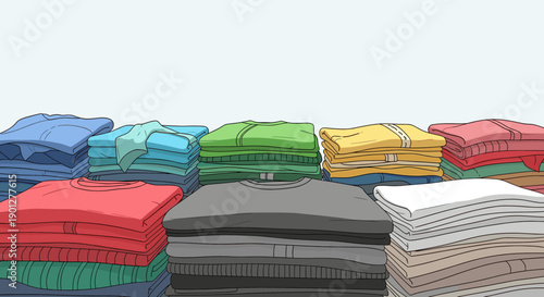 Neatly folded clothes stacked in colorful piles, showcasing a vibrant assortment of clean garments against a simple, bright background.