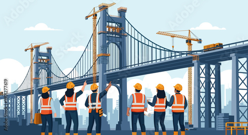 Team of construction workers overseeing massive suspension bridge development featuring towering cranes and a distant city skyline.