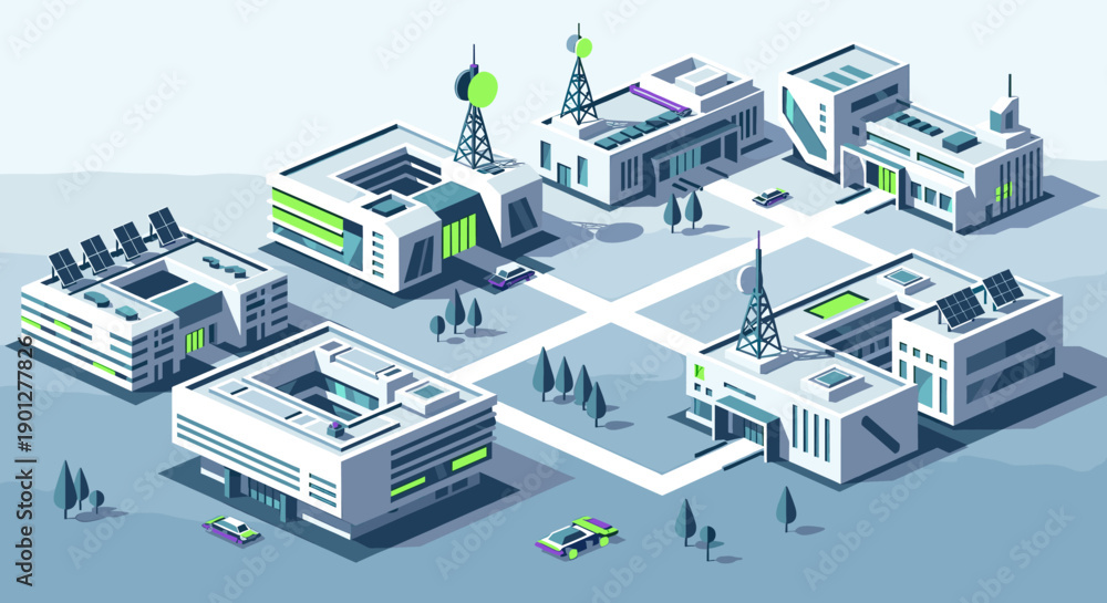 Obraz premium Modern buildings with solar panels and communication towers forming a smart city with advanced technology and green energy solutions.