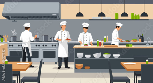 Skilled chefs preparing delicious meals in a bustling professional restaurant kitchen with multiple cooking stations and equipment.