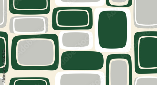 Rounded rectangles pattern with a mid-century modern aesthetic, featuring dark green and light gray shapes on a creamy off-white background.