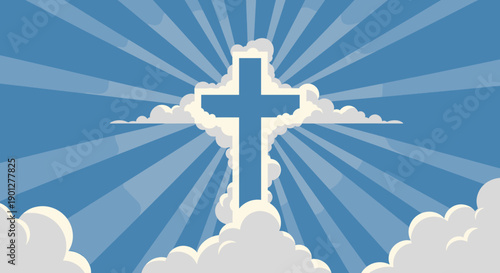 Prominent Christian cross symbol is depicted, surrounded by fluffy clouds and radiant sun rays in a blue sky, symbolizing hope and faith.