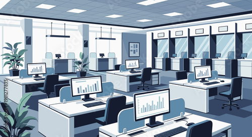 Modern open plan office interior with multiple workstations featuring computers displaying financial data in a professional business environment.