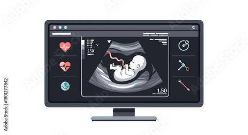 Medical ultrasound monitor displaying a healthy human fetus on screen during a prenatal examination, surrounded by various medical icons.