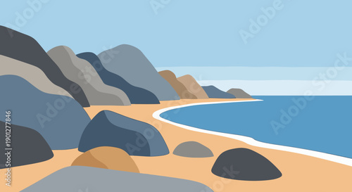 Abstract coastal mountains, sandy beach, and blue ocean landscape illustration showcasing a tranquil natural environment with a clear sky.