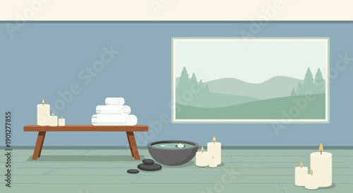 Candles, towels, spa bowl, stones, bench, wall, and floor define a peaceful wellness environment, with a framed nature scene adding to the calm atmosphere.