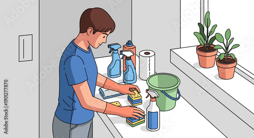 Young person wearing gloves holding sponges preparing to clean a kitchen counter filled with various cleaning supplies and potted plants.