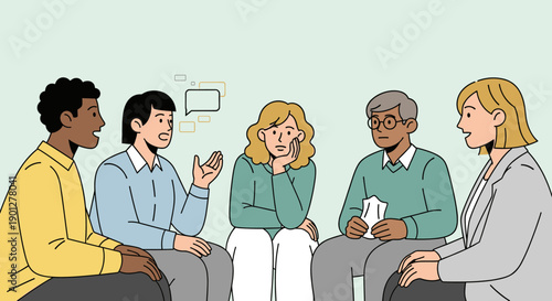 Diverse group of people in a support group sharing their thoughts and offering comfort to each other in a minimalist illustration.