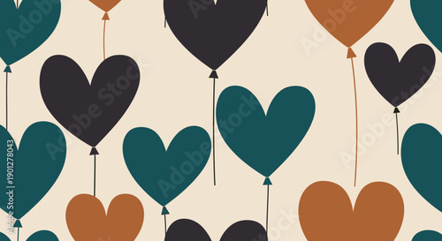 Heart-shaped balloons are featured prominently in this delightful seamless pattern with teal, grey, and brown colors on a light beige background.