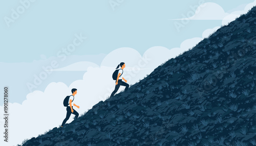 Two people, a man and woman, are climbing a steep mountain path, symbolizing the journey of overcoming challenges and achieving goals.