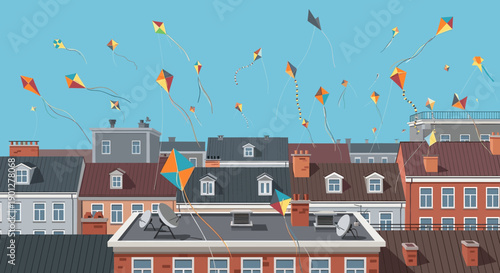 Numerous colorful kites flying high in the blue sky, soaring above a bustling urban cityscape featuring many residential rooftops.