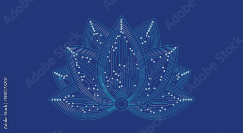 Lotus flower illustration with electronic circuit board patterns and glowing dots on blue background