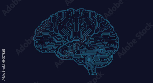 Digital brain circuitry illustration on dark blue background, abstract technology concept
