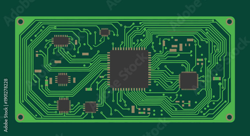 Green circuit board with integrated circuits and complex pathways, flat design vector