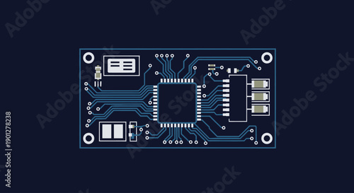 Digital circuit board with central processor, capacitors, and resistors on dark blue background