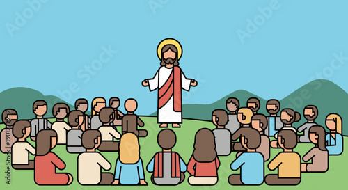 Jesus teaches a large group of followers sitting attentively on a grassy hill with mountains in the background under a clear blue sky.