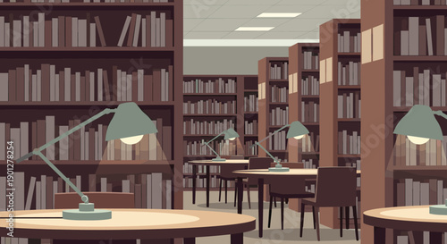 Empty library study room with numerous bookshelves and illuminated desk lamps on tables, creating a peaceful atmosphere for learning.