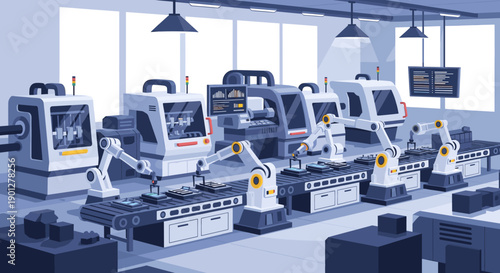 Robotic arms assembling products on a conveyor belt in a modern automated smart factory production line with industrial machinery.