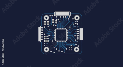 Electronic circuit board with central microchip and connectors on dark blue background, flat design vector