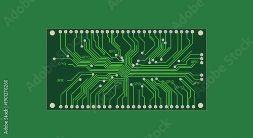 Green printed circuit board technology with intricate pathways and connection points on a solid background.
