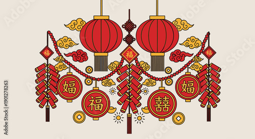 Traditional Chinese New Year lanterns firecrackers auspicious symbols and decorative elements arranged symmetrically on a light background.