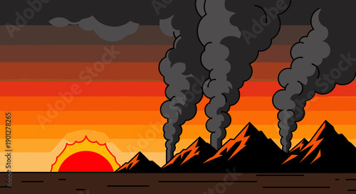 Smoking mountains emit dark plumes of smoke against a vibrant sunset sky, symbolizing industrial pollution and environmental impact.