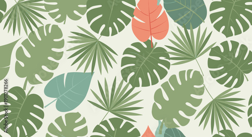 Vibrant tropical leaves create a beautiful seamless pattern design with various green, teal, and coral foliage on a light cream background.