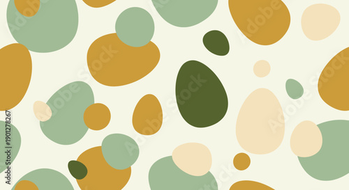 Abstract organic irregular shapes pattern in various natural colors creating a harmonious and contemporary design on a light cream background.
