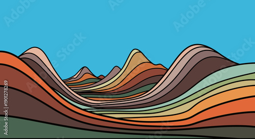 Abstract colorful striped mountains form a vibrant landscape under a clear blue sky, creating a retro and psychedelic artistic illustration.