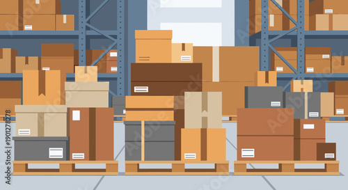Stacked cardboard boxes of various sizes and colors are neatly arranged on shelves and wooden pallets within a busy warehouse environment.