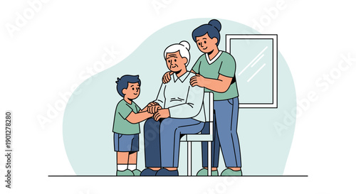 Elderly woman, adult woman, and boy are showing care and support, representing intergenerational family bonds in a heartwarming illustration.