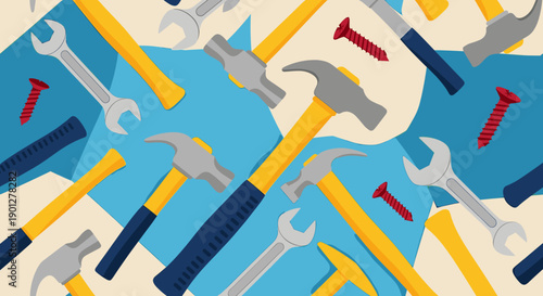 Various construction tools including hammers, wrenches, and screws create a vibrant seamless pattern on a geometric blue and beige background.