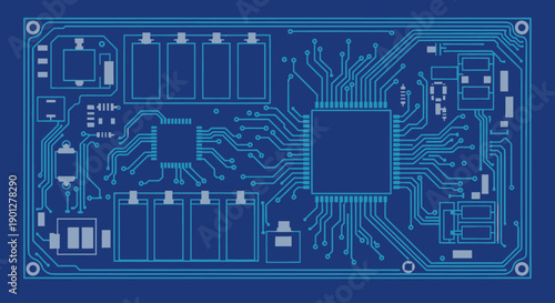 Blueprint of a computer motherboard with intricate circuitry and integrated chips on a dark blue background.