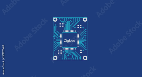 Close-up of a blue Zigbee integrated circuit on a dark blue background, flat design vector illustration.