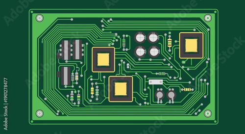 Flat design of a green Printed Circuit Board with electronic components and pathways on a dark green background.
