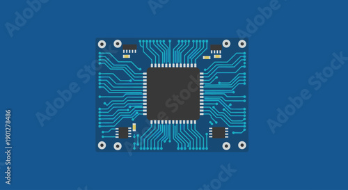 Microchip on a blue background, electronic circuit board with pathways and components, flat design.