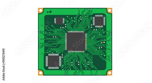 Green Printed Circuit Board with Central Microchip and Four Smaller Chips, Flat Design