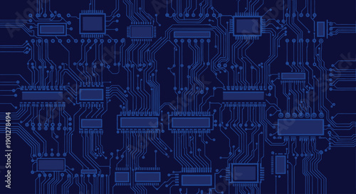 Abstract blue electronic circuit board pattern with integrated circuits and pathways, digital technology concept