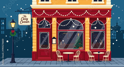 Charming cafe exterior decorated for the winter holidays, with outdoor tables, festive lights, and a Christmas tree inside during a snowy night.