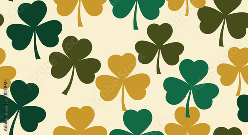 Three-leaf clovers create a festive seamless pattern featuring green and gold shamrocks on a light cream background, perfect for holiday designs.