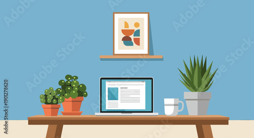 Laptop computer is the main focus on a wooden desk, surrounded by potted plants and a coffee mug, against a blue wall with a decorative art print.