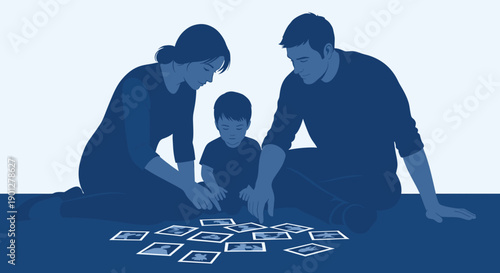 Happy family parents child playing educational game together on the floor with learning cards, fostering development and creating memories.